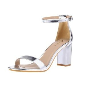 Ankis Silver Open Toe Ankle Strap Chunky Heel Sandals - Size 10